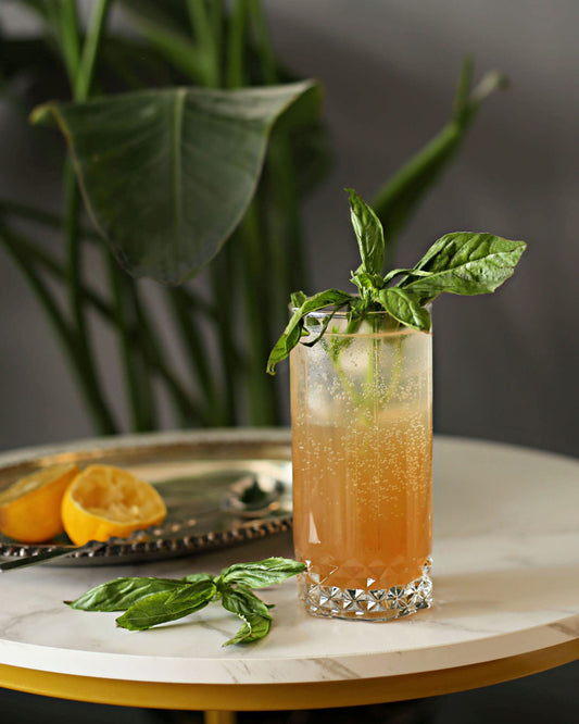 A Prohibition Lemonade cocktail with vodka, fresh lemon, Rustic Oak Prohibition Mixer, club soda, and fresh basil, served in a tall glass.