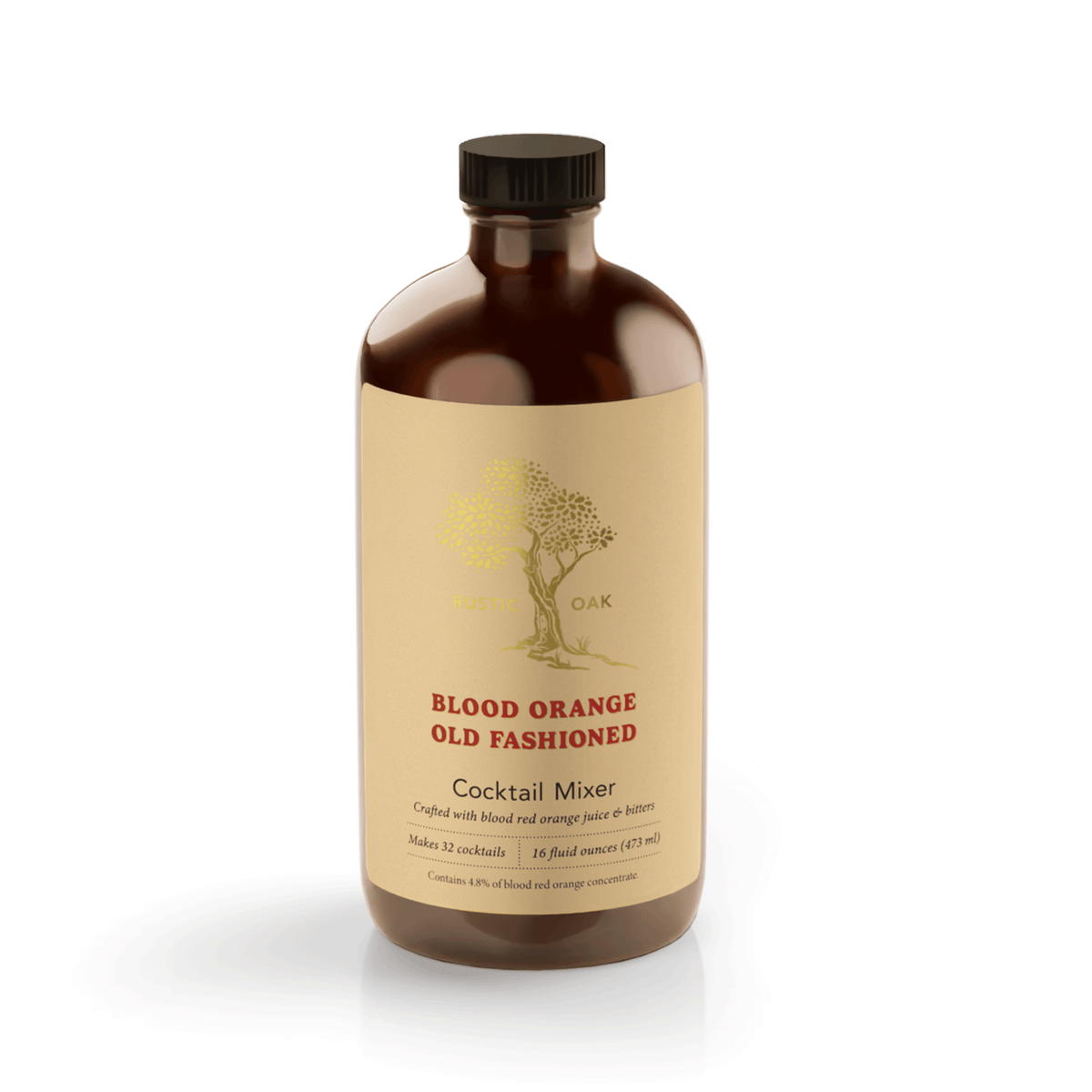 Bottle of amber glass bottle on white background. Label display Blood Orange Old Fashioned Cocktail Mixer. Crafted with blood red orange juice and bitters. Makes 32 cocktails, 16 fluid ounces (473ml). Contains 4.8% of blood red orange concentrate.
