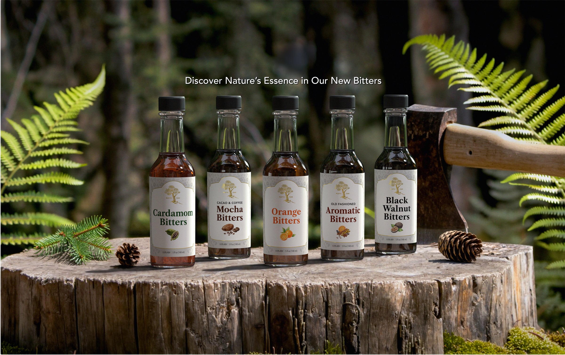 Five bottles of bitters on a wooden log with ferns in the background